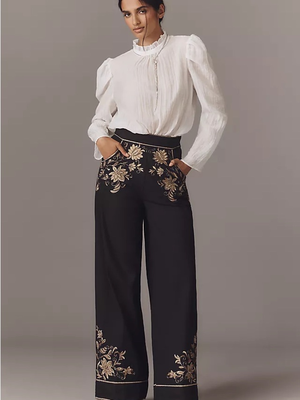 Black Wide-Leg Trousers with Gold Floral Embroidery